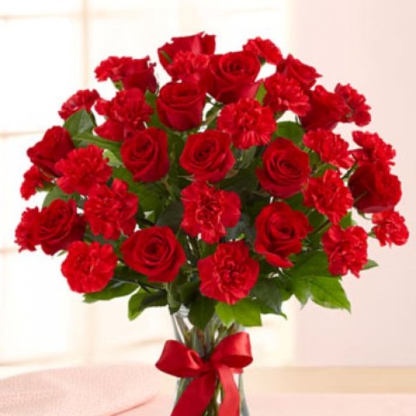 Valentine Red Roses & Red Carnation